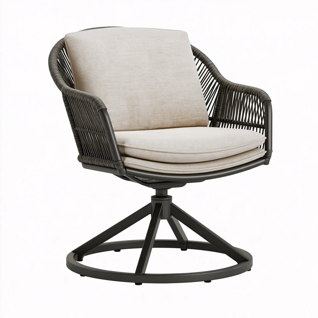 Fauteuil pivotant 74 x 72 x 88 cm en corde tressée noir et beige pour terrasse style contemporain