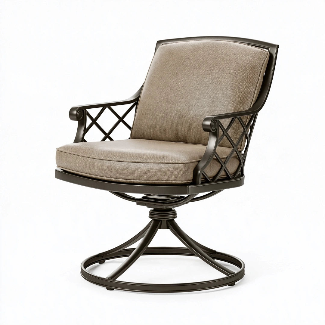 Fauteuil de jardin pivotant 75 x 70 x 95 cm en métal brun et tissu taupe