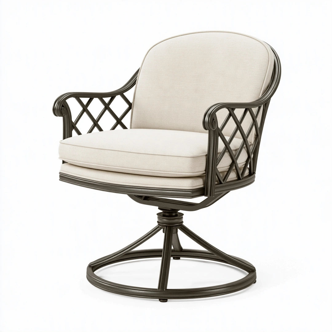 Fauteuil pivotant 76 x 80 x 98 cm en métal gris foncé avec coussins beige style classique