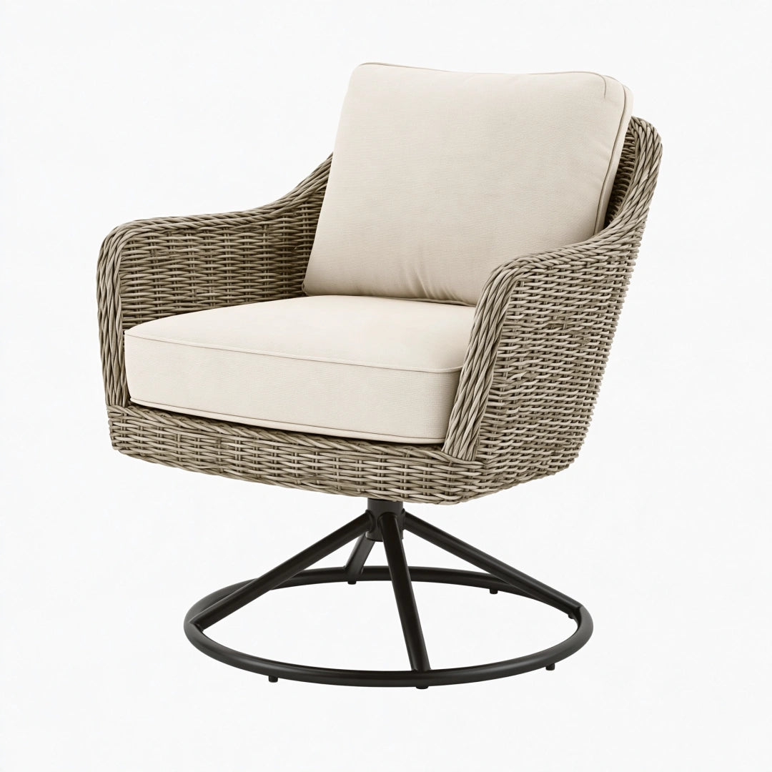 Fauteuil de jardin pivotant 85 x 80 x 91 cm en résine tressée beige avec base en métal