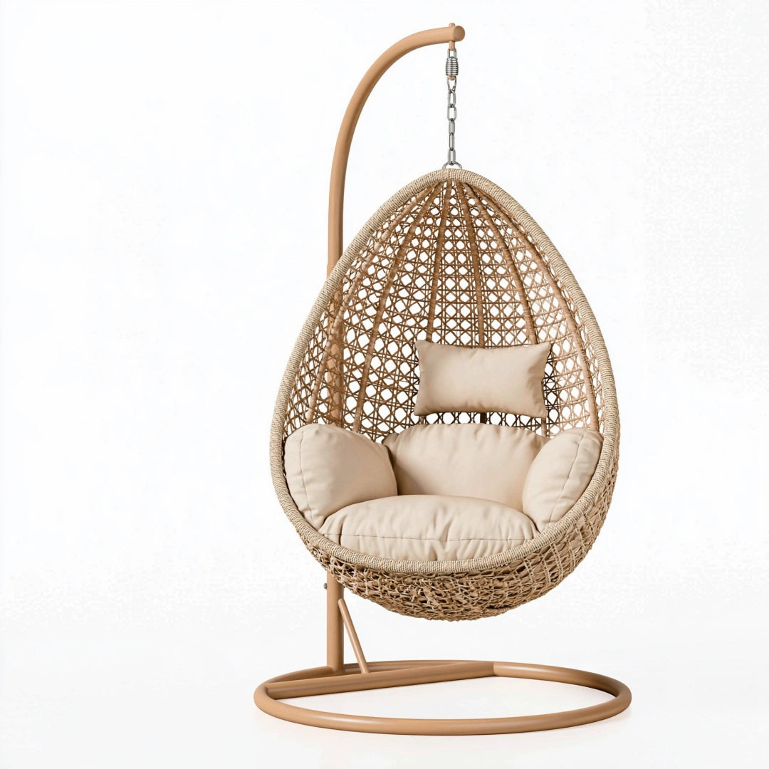 Fauteuil suspendu 105 x 105 x 195 cm en rotin beige avec support métallique style bohème