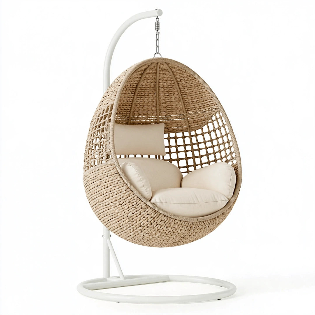 Fauteuil suspendu 105 x 95 x 195 cm en fibres tressées beige avec support style bohème