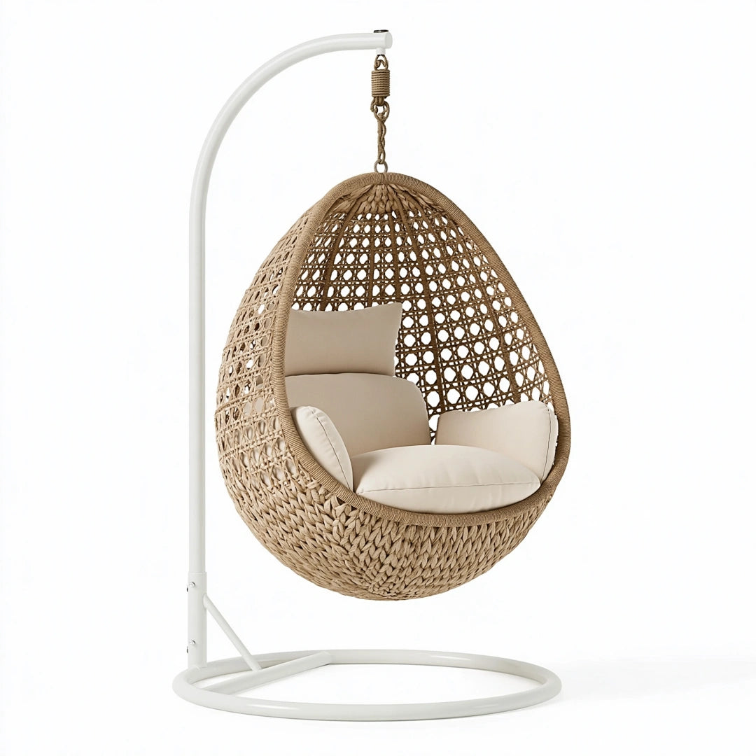 Fauteuil suspendu 105 x 105 x 195 cm en fibres tressées beige avec support en acier style bohème