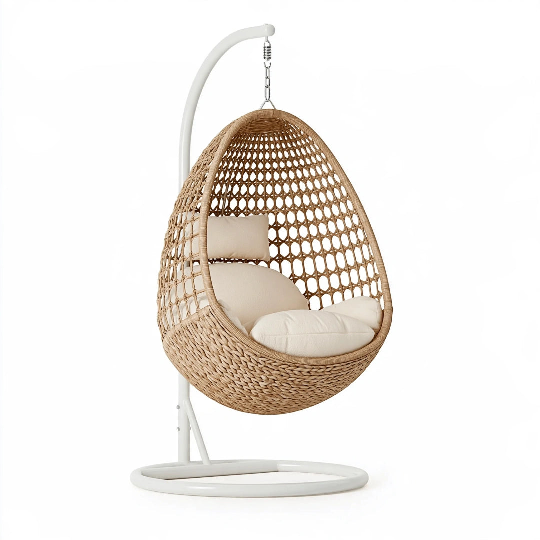 Fauteuil suspendu 105 x 105 x 195 cm en fibres tressées naturel avec support métallique blanc