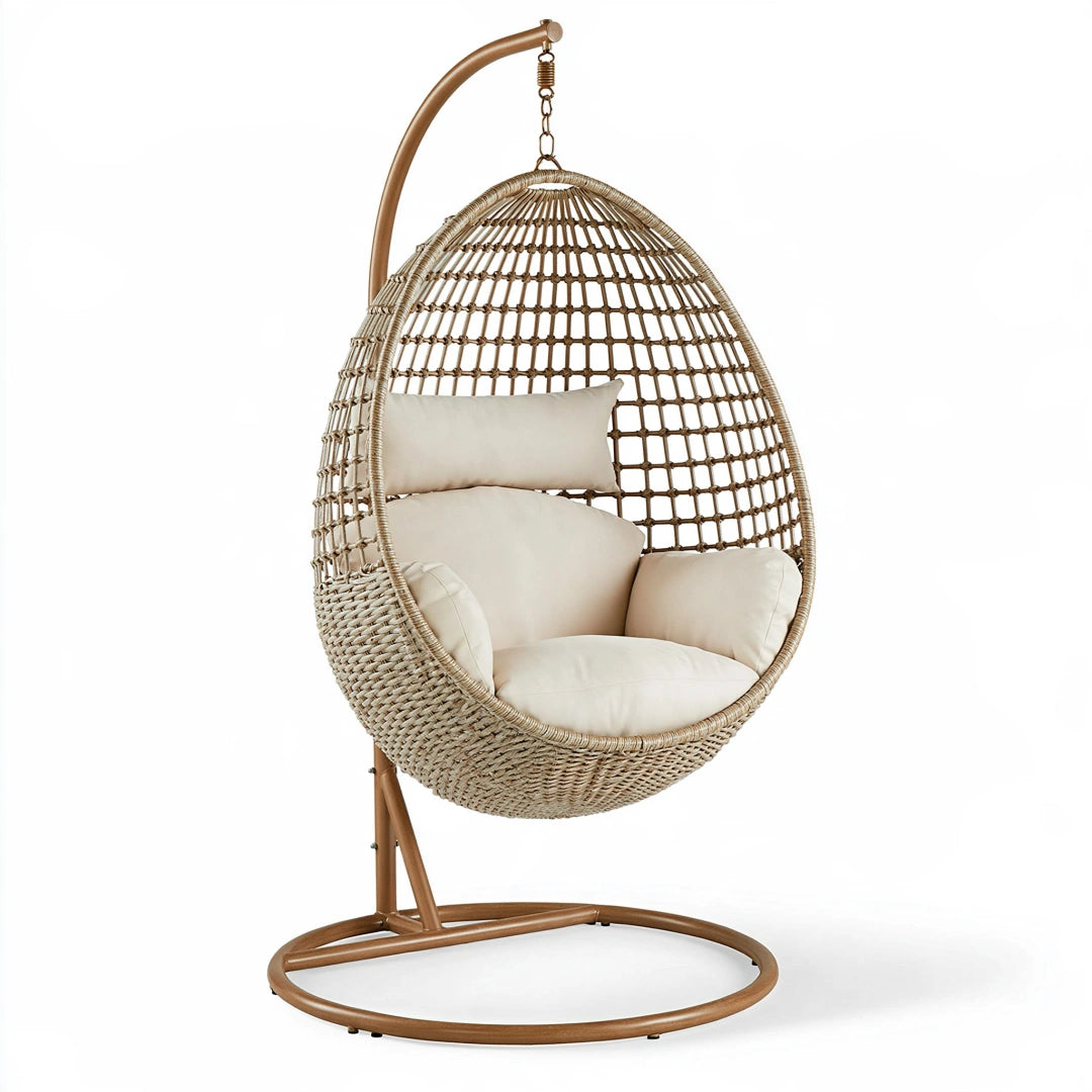 Fauteuil suspendu 105 x 105 x 195 cm en résine tressée beige avec structure en métal style bohème