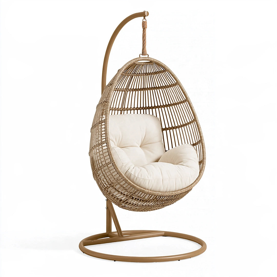 Fauteuil suspendu 105 x 105 x 195 cm en rotin beige avec support en métal style bohème