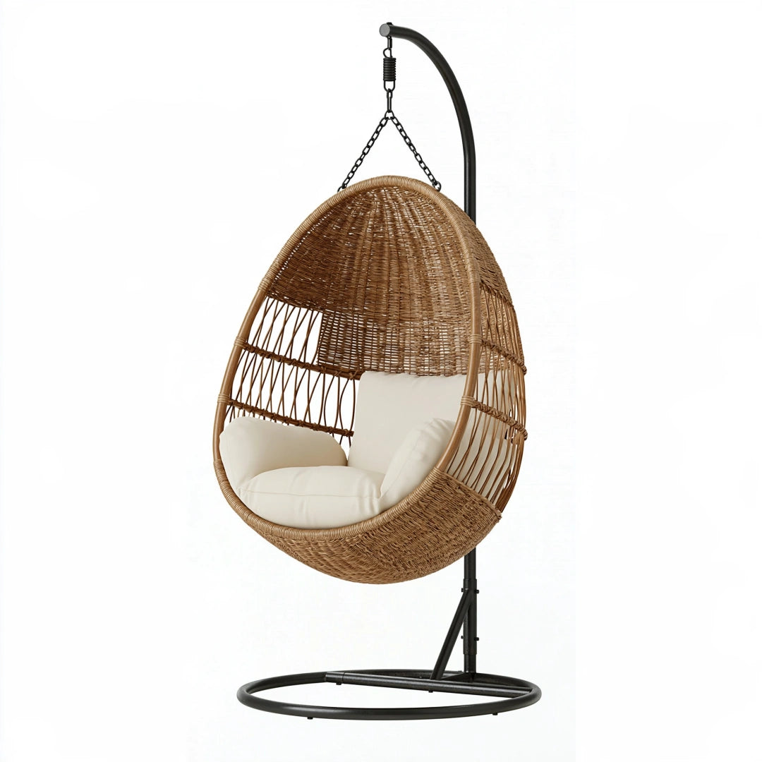 Fauteuil suspendu 105 x 105 x 195 cm en rotin naturel avec support en métal noir