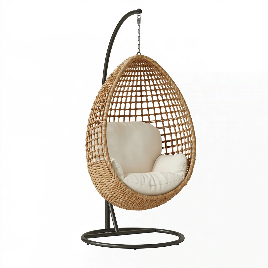 Fauteuil suspendu 105 x 105 x 195 cm en rotin naturel et métal noir style bohème avec support