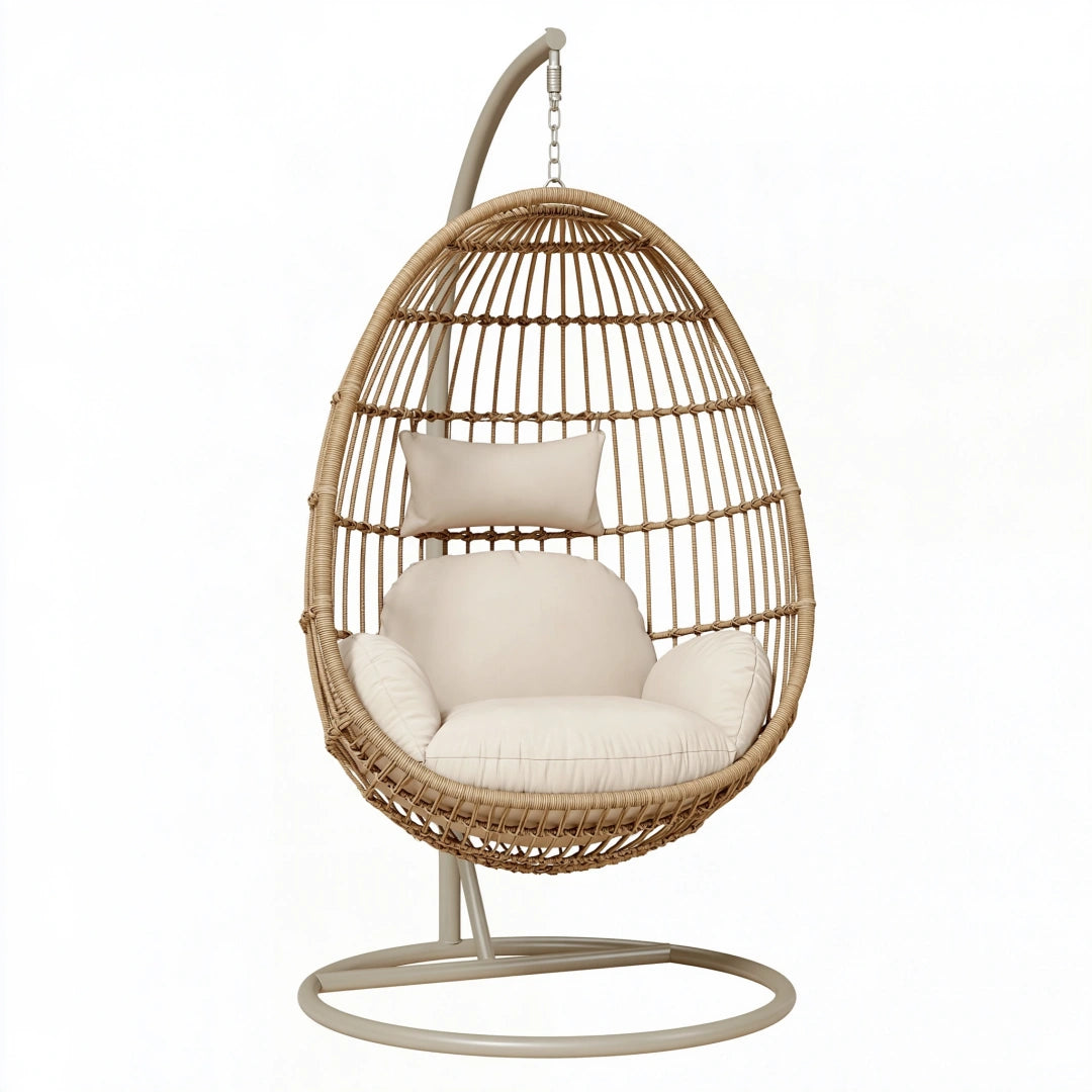 Fauteuil suspendu 110 x 110 x 200 cm en rotin beige avec support en métal style bohème