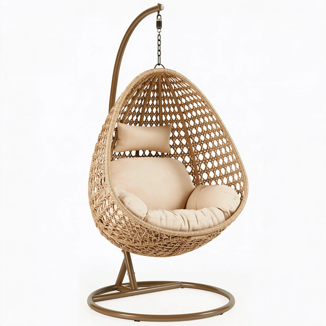 Fauteuil suspendu 105 x 105 x 195 cm en fibres tressées beige avec support en métal style bohème