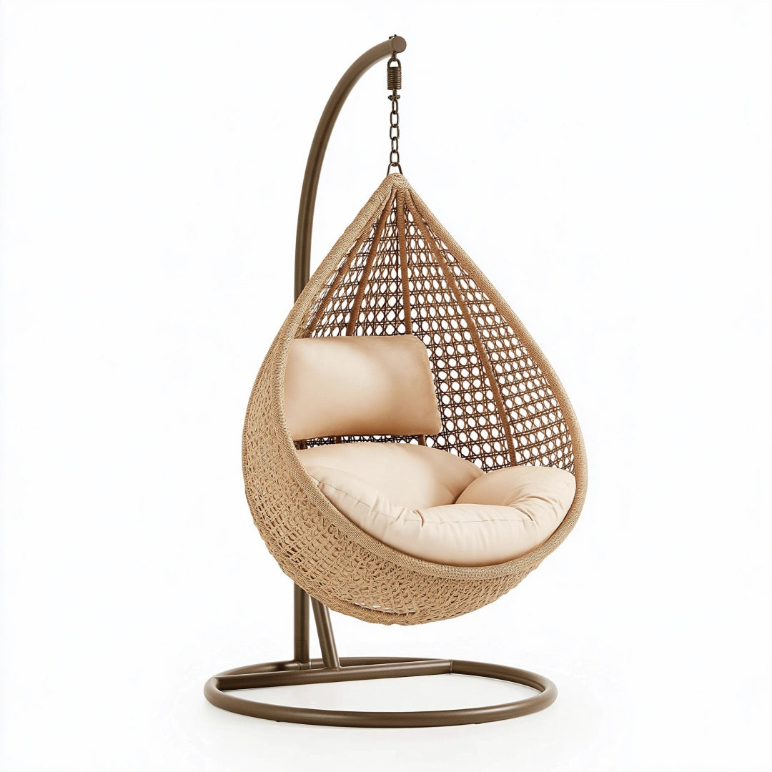 Fauteuil suspendu 105 x 105 x 195 cm en résine tressée beige avec support en métal style bohème