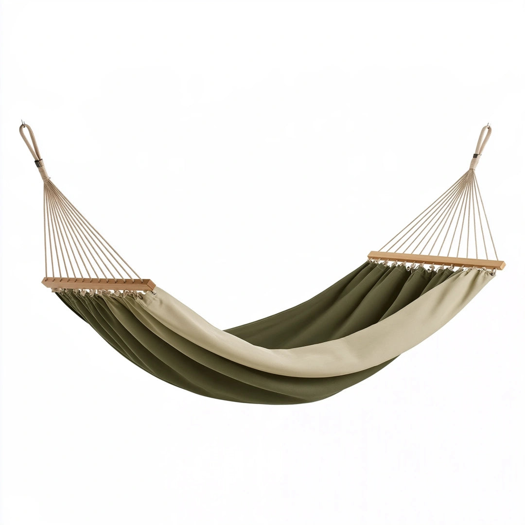 Hamac 300 x 100 cm en tissu vert kaki et beige avec barres en bois - suspendu pour extérieur