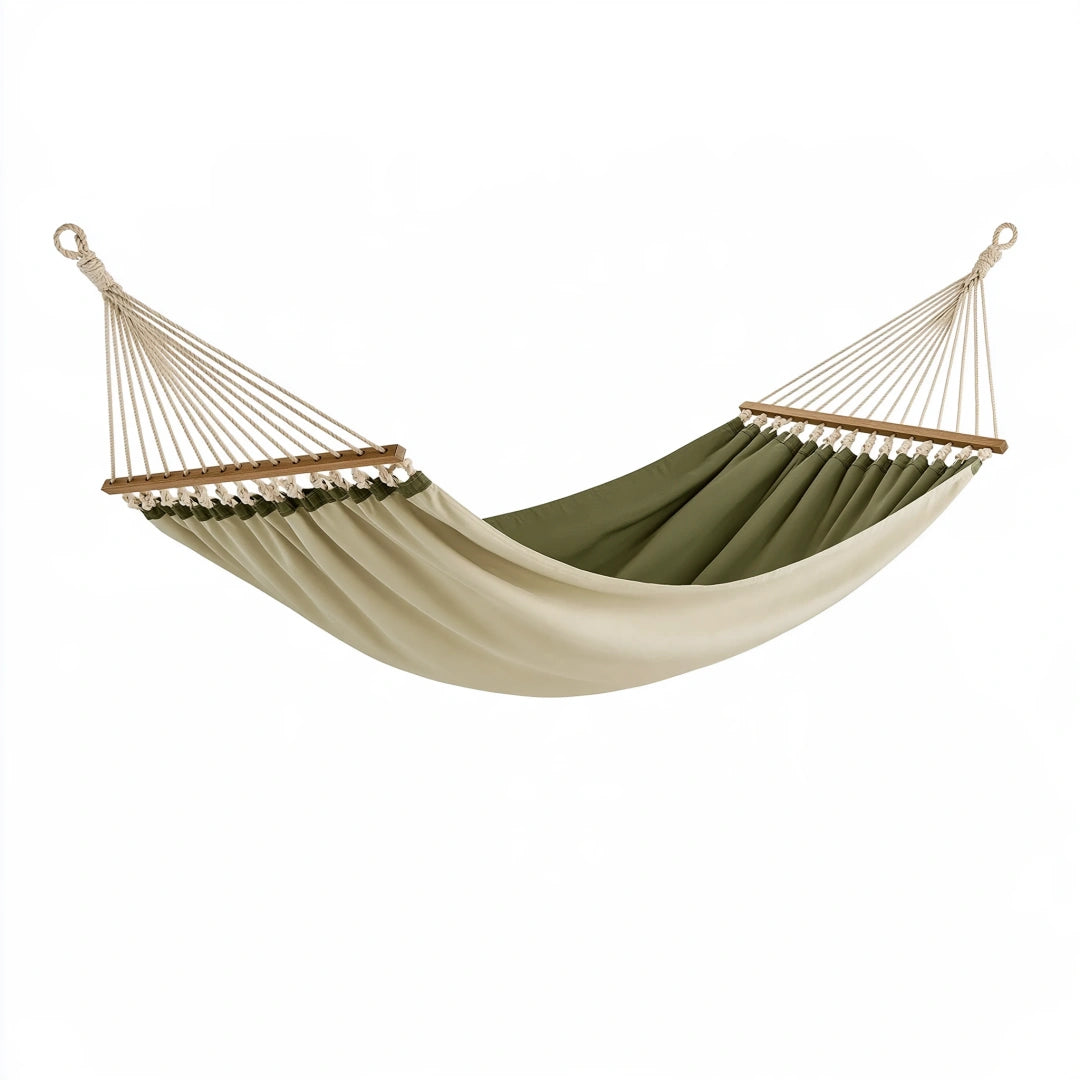 Hamac 320 x 120 cm en toile beige et vert avec barres en bois pour jardin