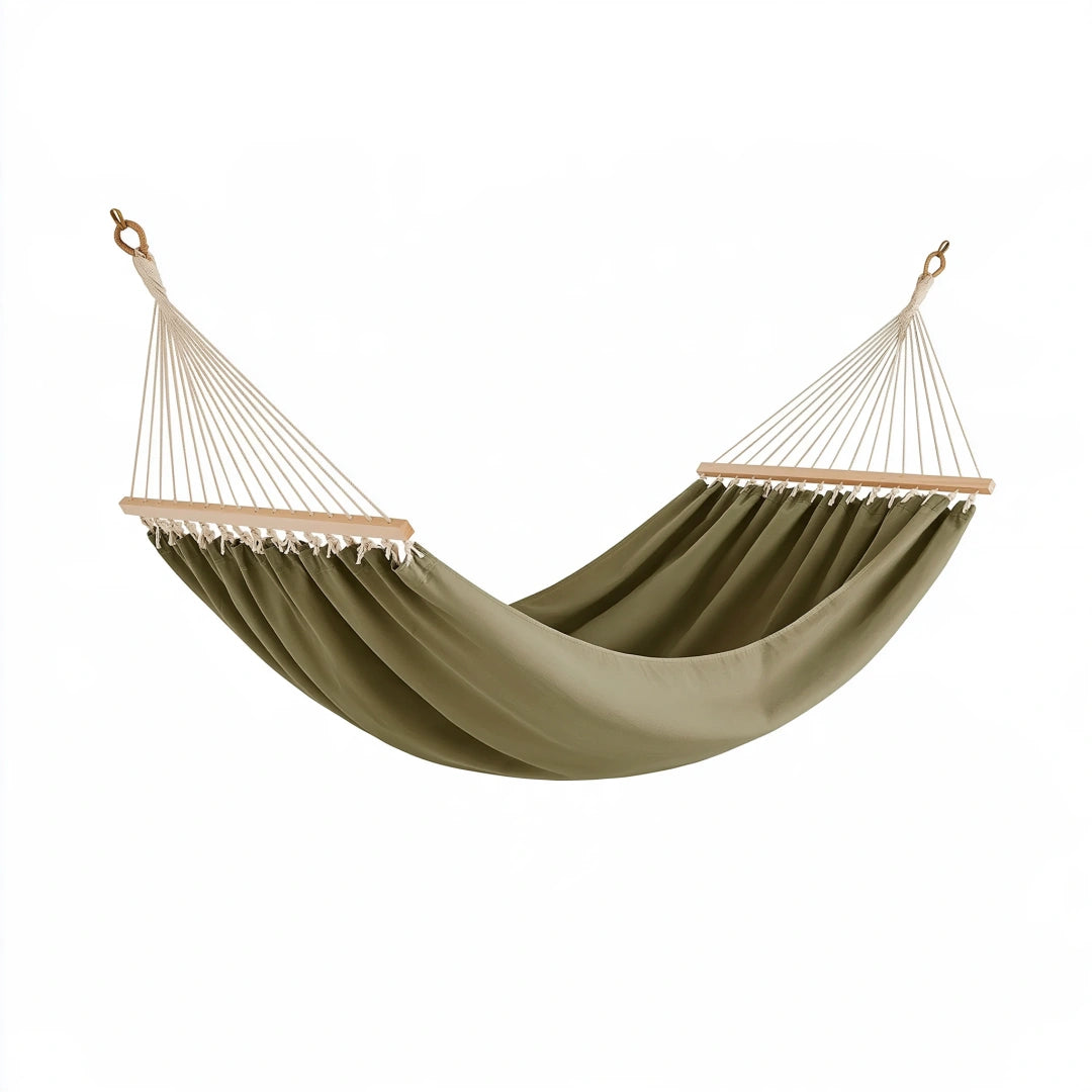 Hamac 300 x 140 cm en coton vert kaki avec barres en bois pour jardin