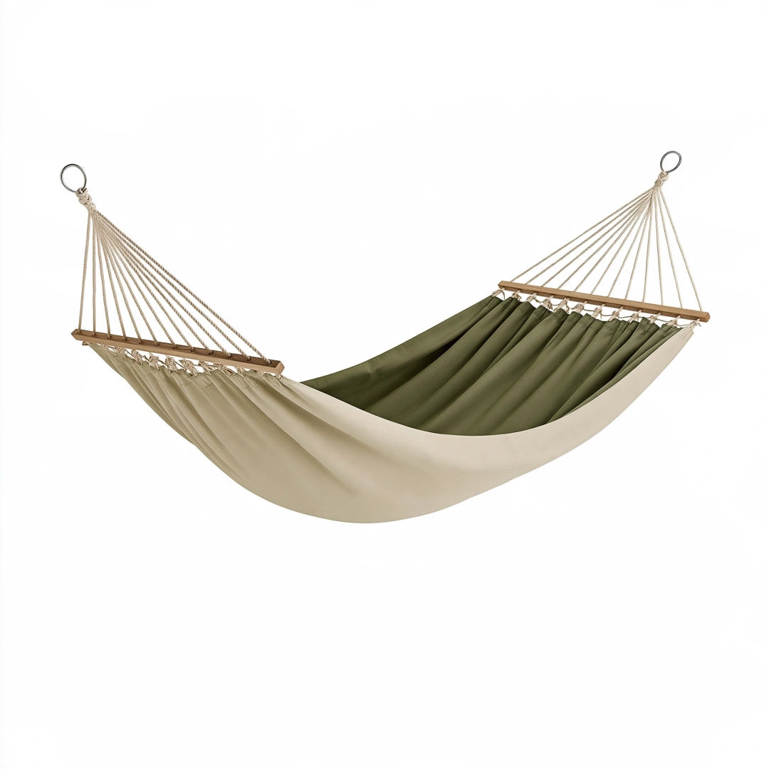 Hamac à barres 200 x 150 cm en tissu vert et beige pour jardin