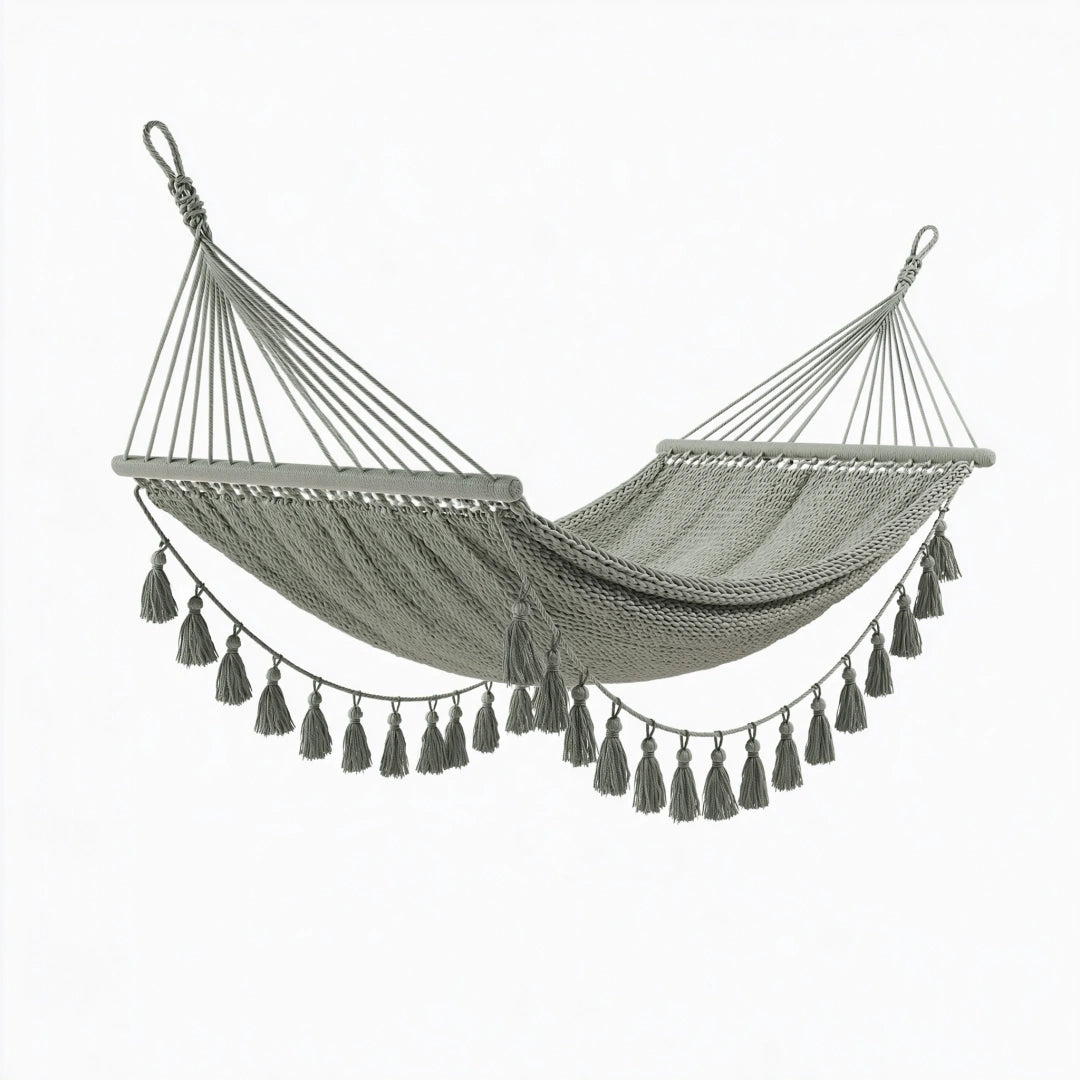 Hamac suspendu 200 x 100 cm en coton gris à franges style bohème