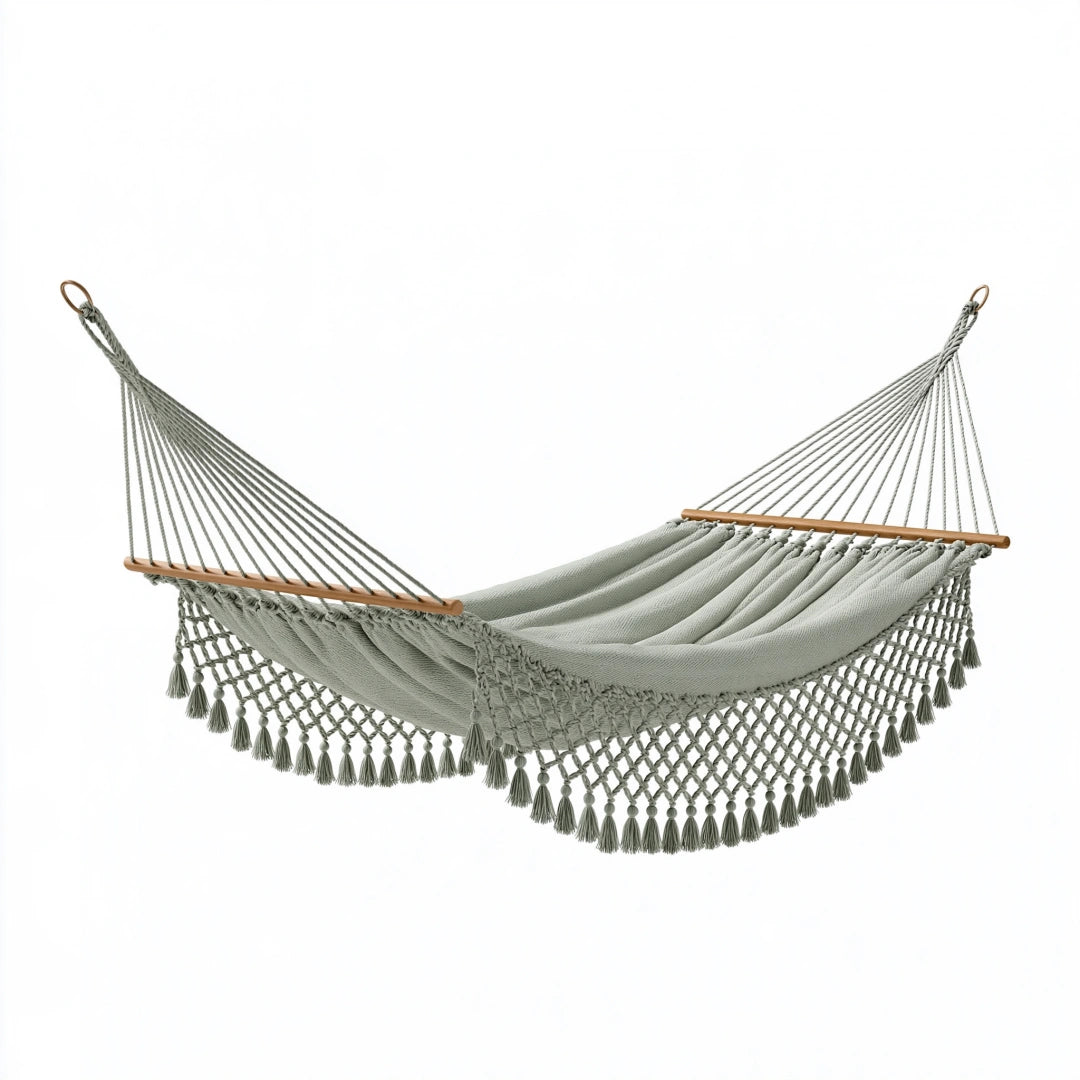Hamac 300 x 100 cm en tissu vert sauge avec barres en bois style bohème